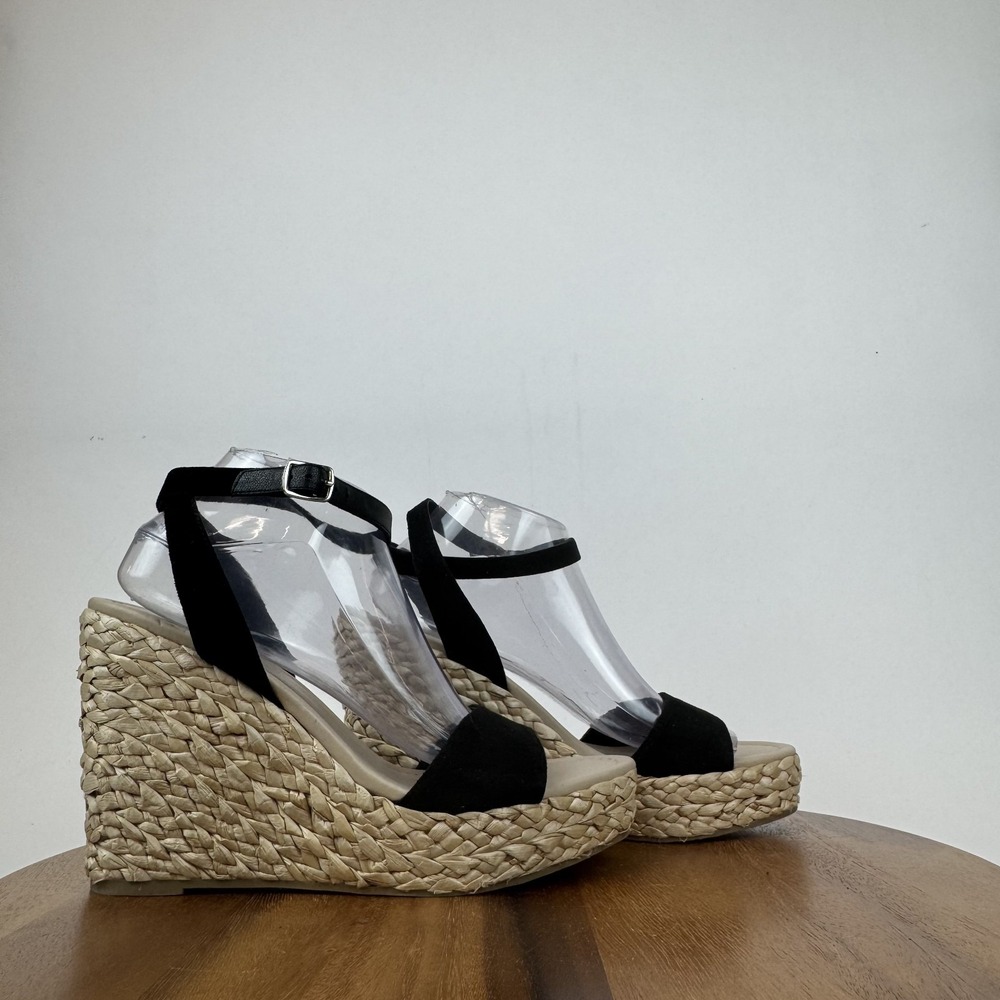 New Womens BP Ginny‎ Black Faux Suede Braided Espadrille Wedges Sandals Size 9.5
